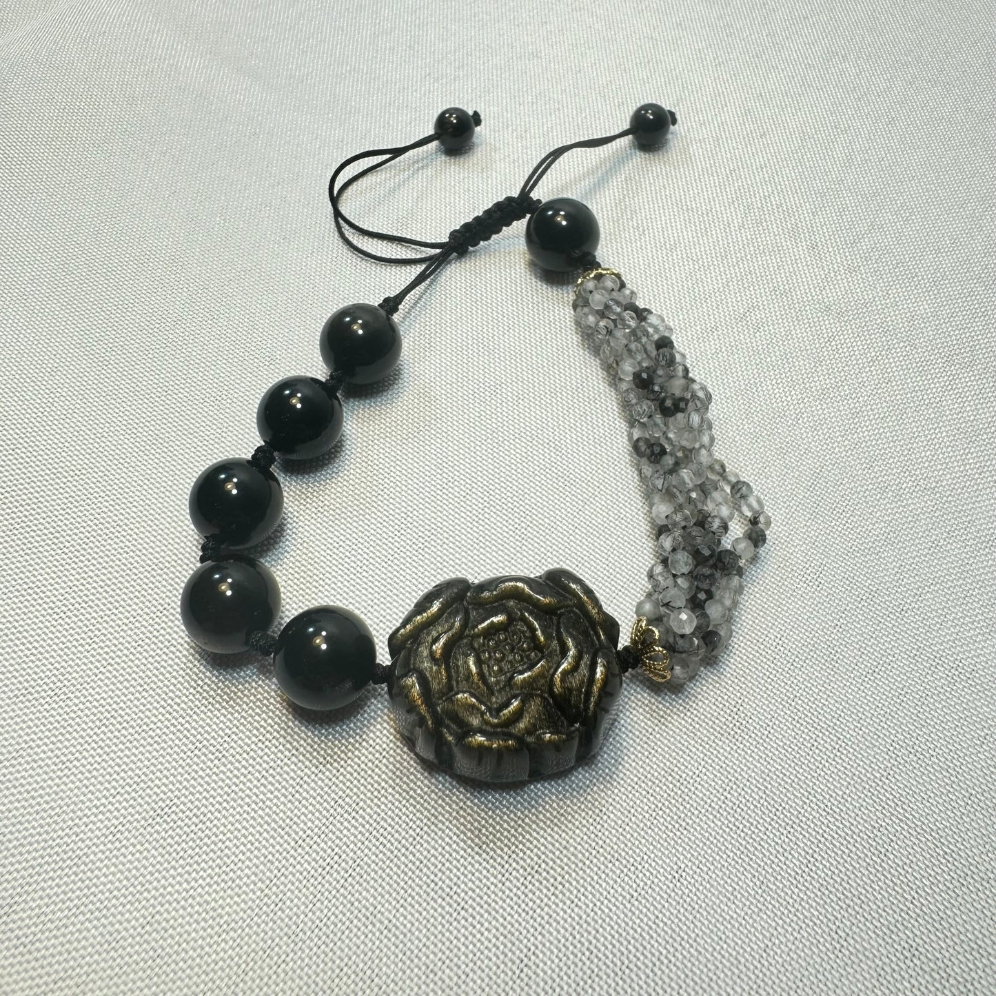 Black Tourmaline and Laborite Adjustable Flower Bracelet