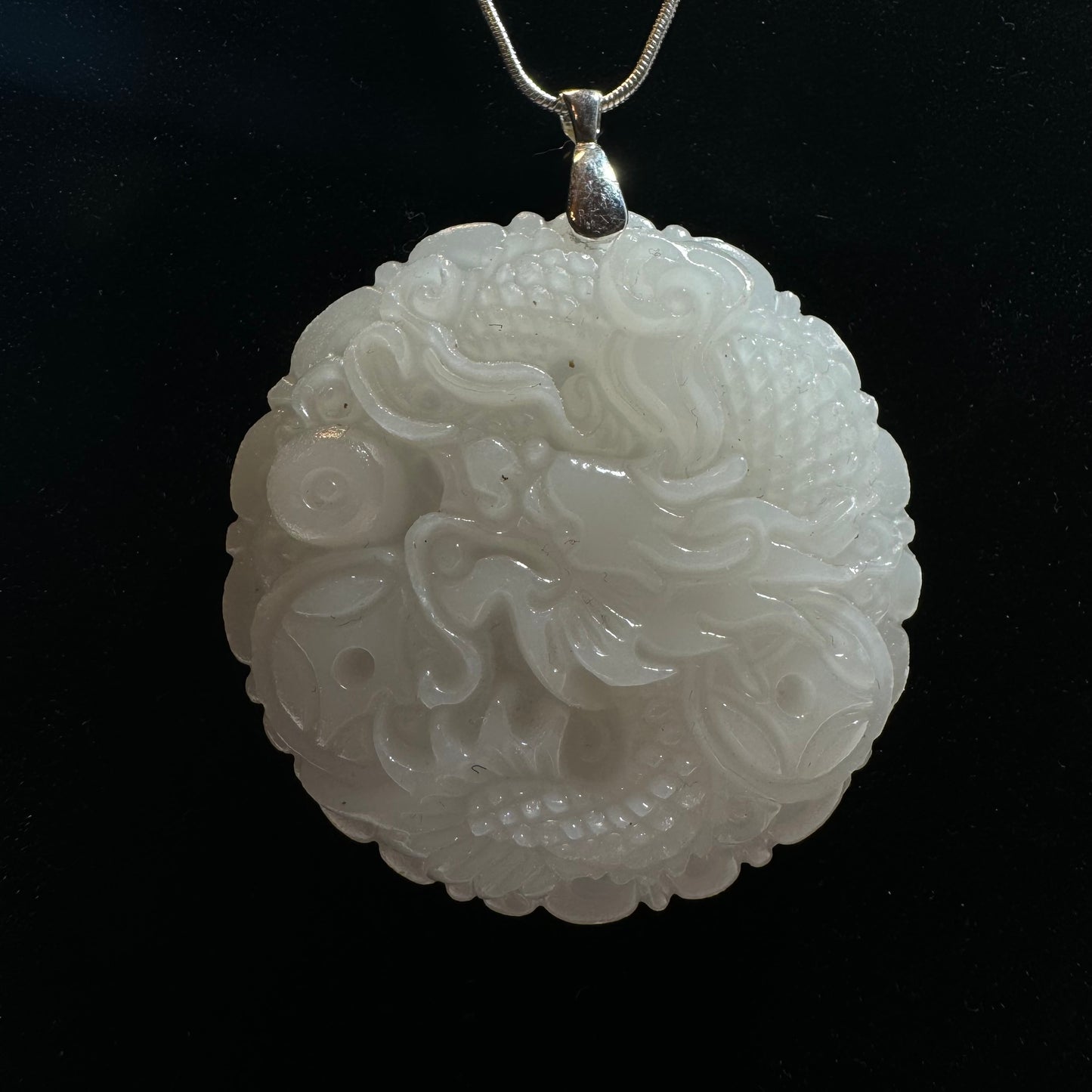 Carved White Jade Dragon Pendant Necklace