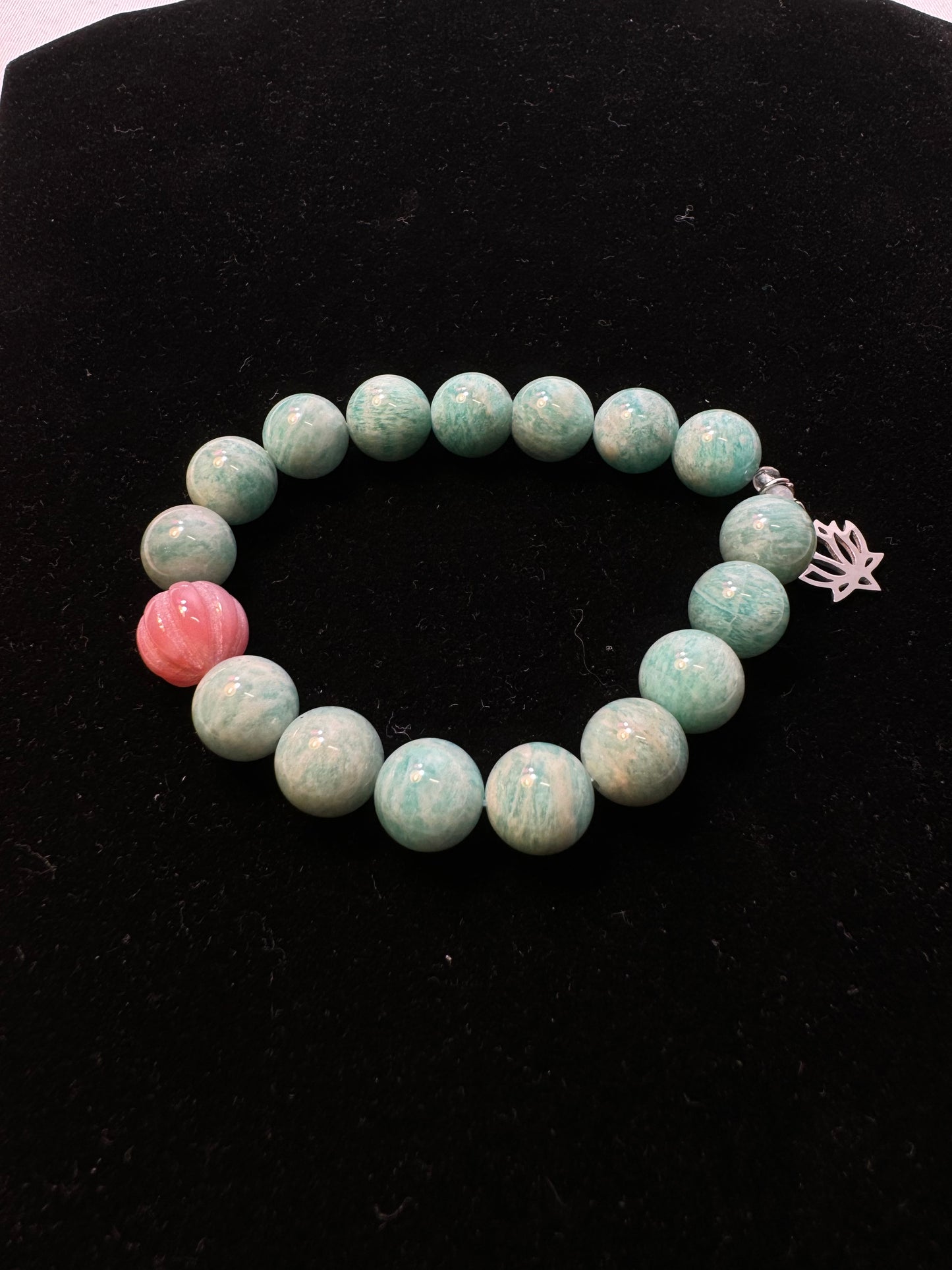 Amazonite With Pink Quartz Lotus Flower Beaded Stretch Bracelet